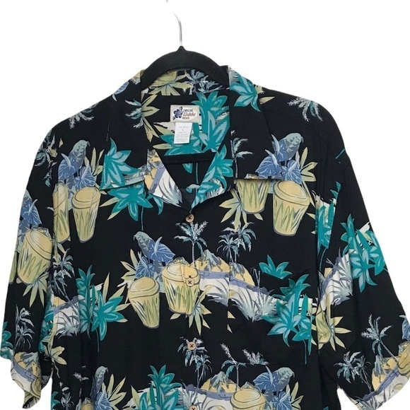Cherokee Waikiki Wear Black Tropical Print Short Sleeve Aloha Shirt NWT Large - Picture 3 of 9